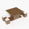 100 cm Lift-Top Foldable Walnut Coffee Table with 4 Stools & Storage