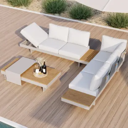 Picture of Tevara 4-Piece Outdoor Teak & Aluminium Modular Sofa Set with Coffee Table for 6 – Sand