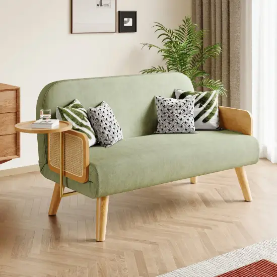 1520 mm 2-Seater Velvet & Rattan Pull-out Sofa Sofa with Rotating Tray