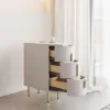 Gray Leather 3-Drawer Narrow Bedside Table with Sintered Stone Top