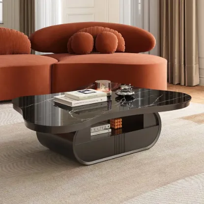 129 cm Oval Sintered Stone Coffee Table with Storage – Black