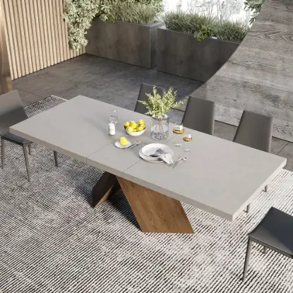 Farmhouse 200 - 240 cm Extendable Rectangular Concrete Gray Dining Table, Seats 6–8