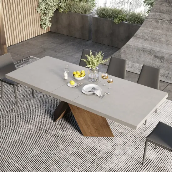 Farmhouse 200 - 240 cm Extendable Rectangular Concrete Gray Dining Table, Seats 6–8