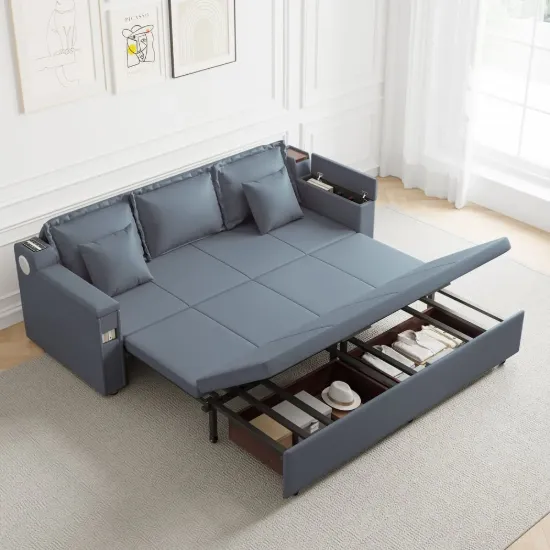 Modern 210 cm 3-Seater PU Leather Sleeper Sofa with Speaker & USB