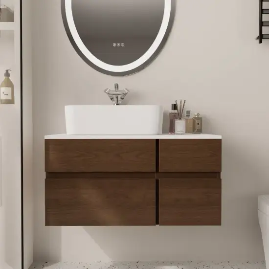 Modern 80 cm Floating Single Bathroom Vanity with Stone Resin Top, Ceramic Basin – Walnut – Faux Marble Vessel