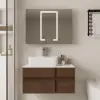 Modern 80 cm Floating Single Bathroom Vanity with Stone Resin Top, Ceramic Basin – Walnut – Faux Marble Vessel