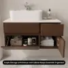 Modern 80 cm Floating Single Bathroom Vanity with Stone Resin Top, Ceramic Basin – Walnut – Faux Marble Vessel
