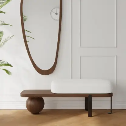 Picture of Walnut & Black Wooden Entryway Fleece Boucle Upholstered with Abstract Metal Legs