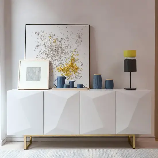 Modern 180 cm Glossy White Wood Sideboard with Cabinets & Adjustable Shelves – Whiteyellow Buffet Kitchen