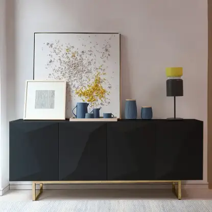 Modern 180 cm Glossy Black Wood Sideboard with Cabinets & Adjustable Shelves – Blcakyellow Kitchen Cabinet