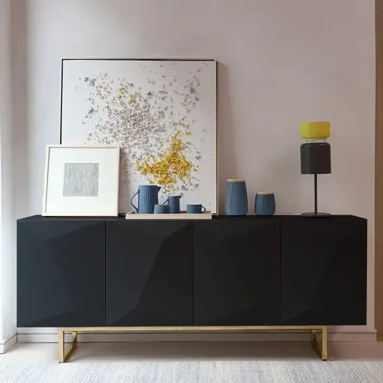Picture of Modern 180 cm Glossy Black Wood Sideboard with Cabinets & Adjustable Shelves – Blcakyellow Kitchen Cabinet