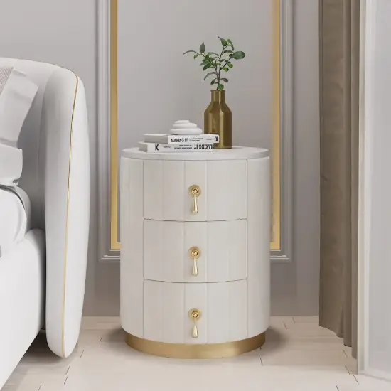 Sintered Stone Top 3-Drawer Round Velvet Nightstand, Set of 2 – White Storage Drawers