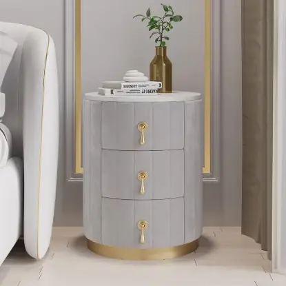 Picture of Sintered Stone Top 3-Drawer Round Velvet Nightstand, Set of 2
