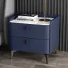 Deep Blue Leather 2-Drawer Nightstand with Sintered Stone Top, Set of 2