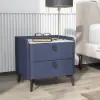 Deep Blue Leather 2-Drawer Nightstand with Sintered Stone Top, Set of 2
