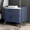 Deep Blue Leather 2-Drawer Nightstand with Sintered Stone Top, Set of 2