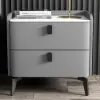 Grey Leather 2-Drawer Nightstand with Sintered Stone Top, Set of 2