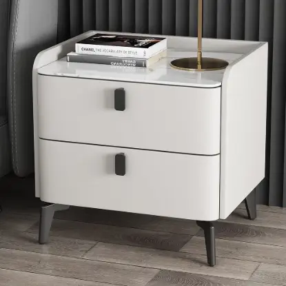 Picture of White Leather 2-Drawer Nightstand with Sintered Stone Top, Set of 2