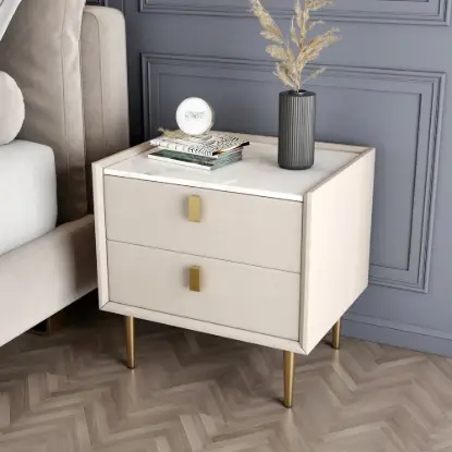 Picture of Modern 2 Drawers PU Leather Bedside Table Nightstand with Gold Metal Legs Set of 2