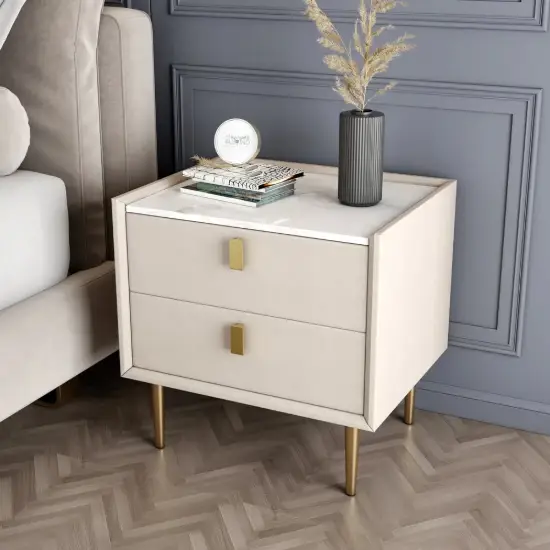Modern 2 Drawers PU Leather Bedside Table Nightstand with Gold Metal Legs Set of 2