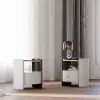 White Round Leather Nightstand with Sintered Stone Glass Top, Set of 2