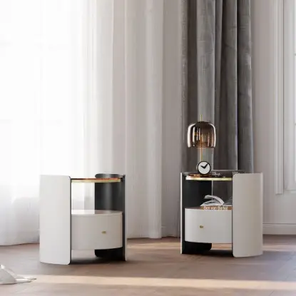 Picture of White Round Leather Nightstand with Sintered Stone Glass Top, Set of 2