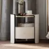 White Round Leather Nightstand with Sintered Stone Glass Top, Set of 2