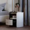 White Round Leather Nightstand with Sintered Stone Glass Top, Set of 2