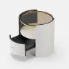 White Round Leather Nightstand with Sintered Stone Glass Top, Set of 2