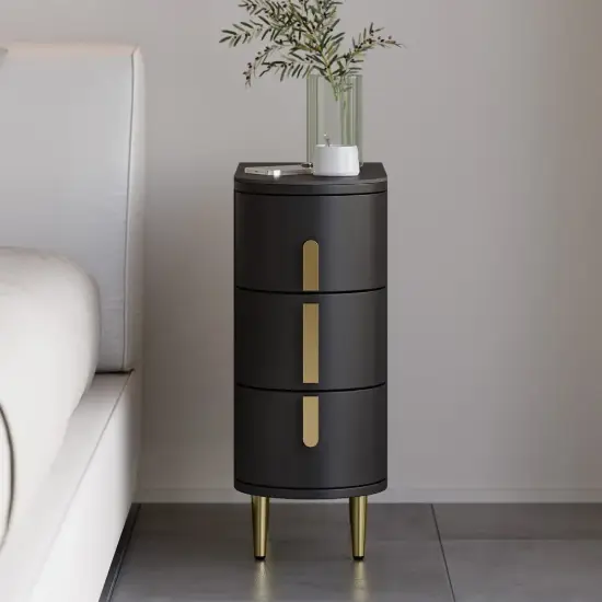 Black Leather 3-Drawer Narrow Nightstand with Sintered Stone Top, Set of 2