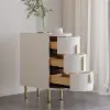 Off White Leather 3-Drawer Narrow Nightstand with Sintered Stone Top, Set of 2