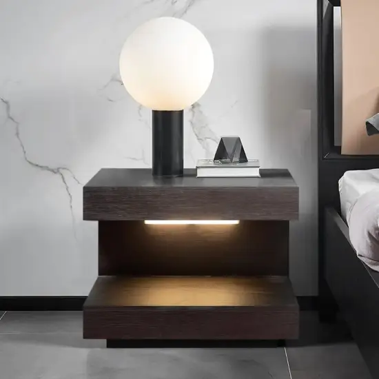 Rustic Wood Nightstand with 1 Drawer C-shaped Side Table with Light Set of 2