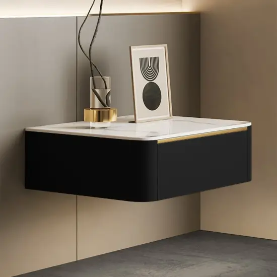 Black Leather Floating Nightstand, Set of 2