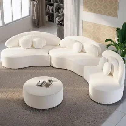 370 cm 4-Piece Curved Boucle Sectional Sofa with Ottoman & Pillows