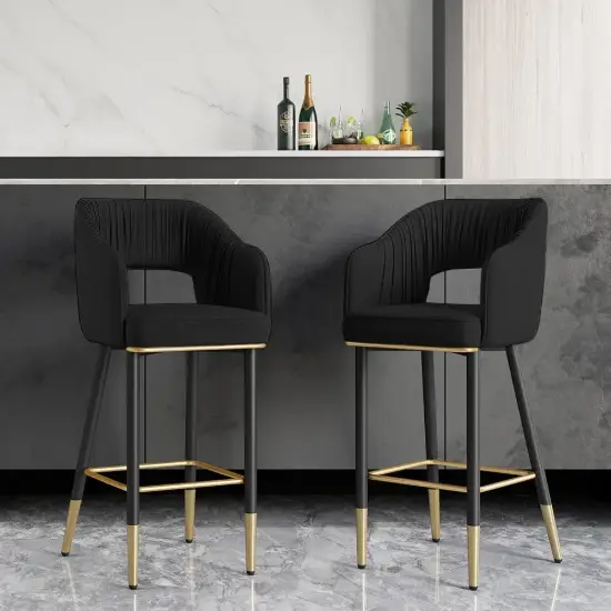 Modern Black Velvet Upholstered Bar Stool with Low Back & Footrest 2-Pieces