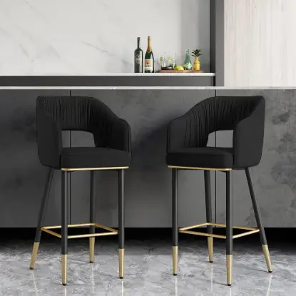 Modern Black Velvet Upholstered Bar Stool with Low Back & Footrest 8-Pieces