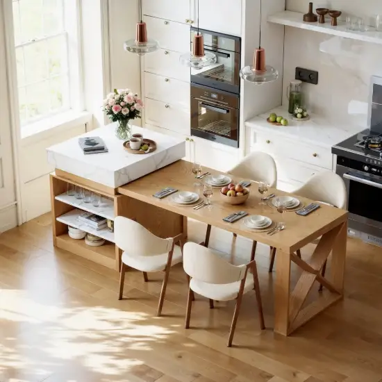 185 cm-235 cm Extendable White&Natural Kitchen Island with Storage Kitchen Cabinet