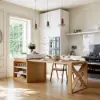 185 cm-235 cm Extendable White&Natural Kitchen Island with Storage Kitchen Cabinet