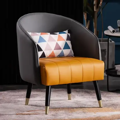 Faux Leather Upholstered Barrel Accent Chair with Pillow & Metal Legs, Set of 2 – Grey