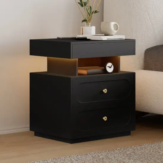 Krila Floating 3-Drawer LED Smart Bedside Table with Light – Rectangle – Nightstand – AUD-H1389