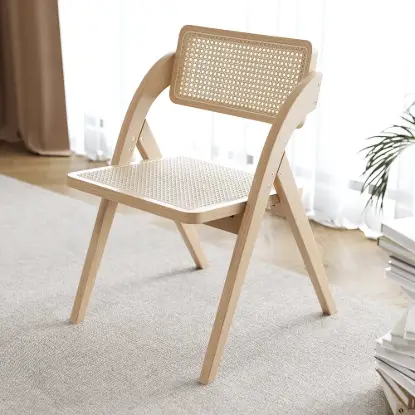 Picture of Japandi Dining Chairs Solid Wood Folding Rattan Side Chair Dining Room Chairs 8-Pieces