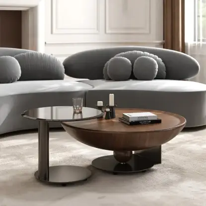 Picture of Modern 55 -90 cm 2-Piece Walnut Glass Top Nesting Coffee Table Set