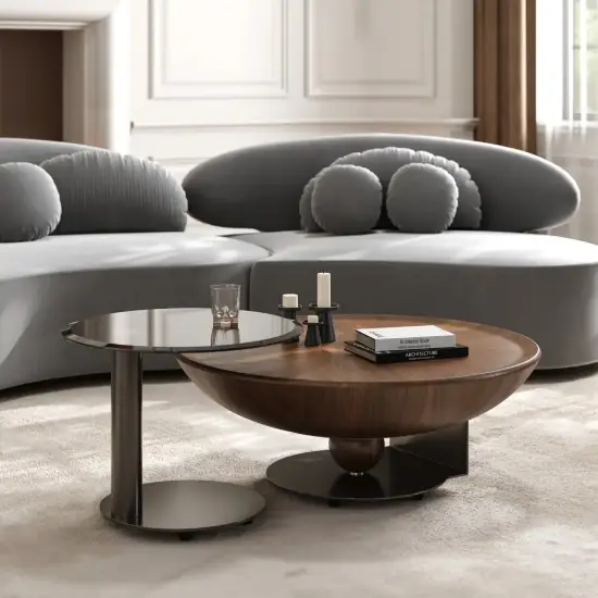 Modern 55 -90 cm 2-Piece Walnut Glass Top Nesting Coffee Table Set