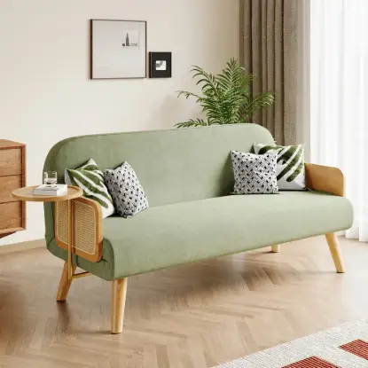183 cm 2-Seater Velvet & Rattan Pull-out Sofa Sofa with Rotating Tray