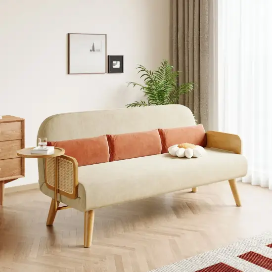 183 cm 2-Seater Cotton & Linen Pull-out Sofa Sofa with Rotating Tray