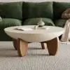 Curva 37" Round Concrete-Look Fiberglass Coffee Table with Wood Legs – Beige – Walnut