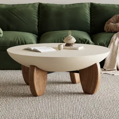 Picture of Curva 37" Round Concrete-Look Fiberglass Coffee Table with Wood Legs – Beige – Walnut
