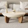 Curva 37" Round Concrete-Look Fiberglass Coffee Table with Wood Legs – Beige – Walnut