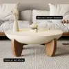 Curva 37" Round Concrete-Look Fiberglass Coffee Table with Wood Legs – Beige – Walnut