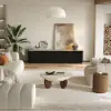 Curva 37" Round Concrete-Look Fiberglass Coffee Table with Wood Legs – Beige – Walnut